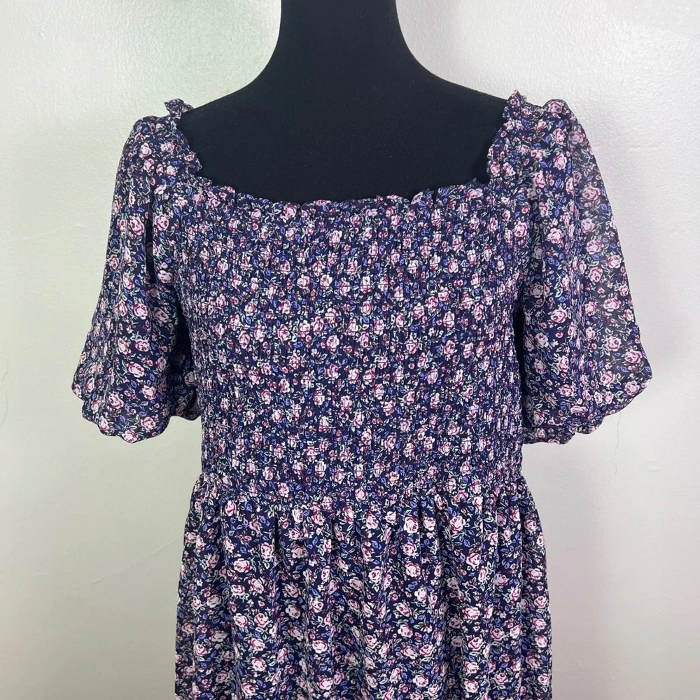 Lauren Conrad Floral Midi Dress XXL Square Neck Smocked Pink Blue - Picture 2 of 9
